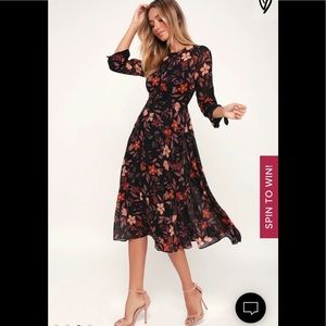 Passionate Love Black Floral Print Midi Dress NWT